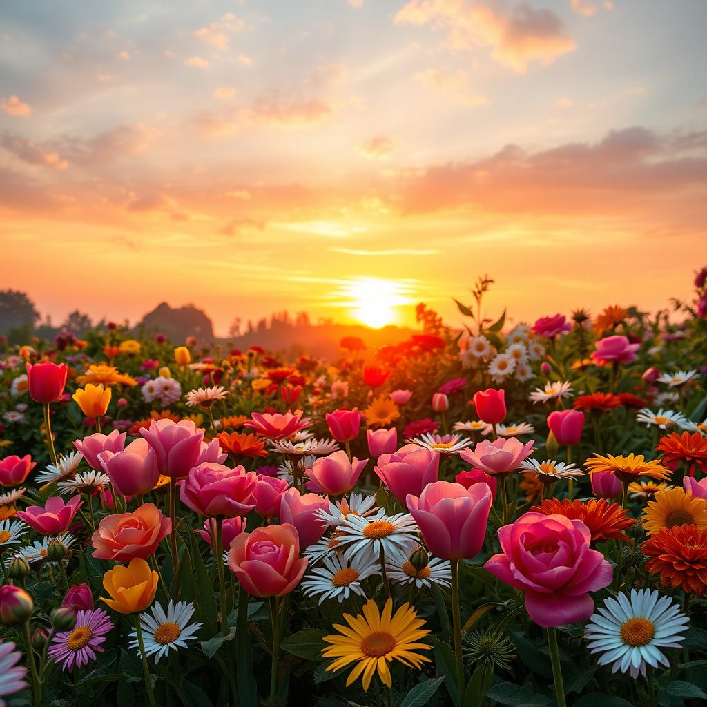 A captivating scene titled "Blooming Beauty at Sunrise," showcasing a vibrant flower garden at dawn