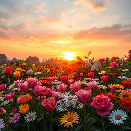 A captivating scene titled "Blooming Beauty at Sunrise," showcasing a vibrant flower garden at dawn