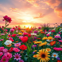 A captivating scene titled "Blooming Beauty at Sunrise," showcasing a vibrant flower garden at dawn