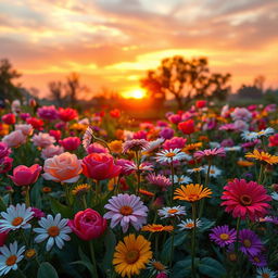 A captivating scene titled "Blooming Beauty at Sunrise," showcasing a vibrant flower garden at dawn