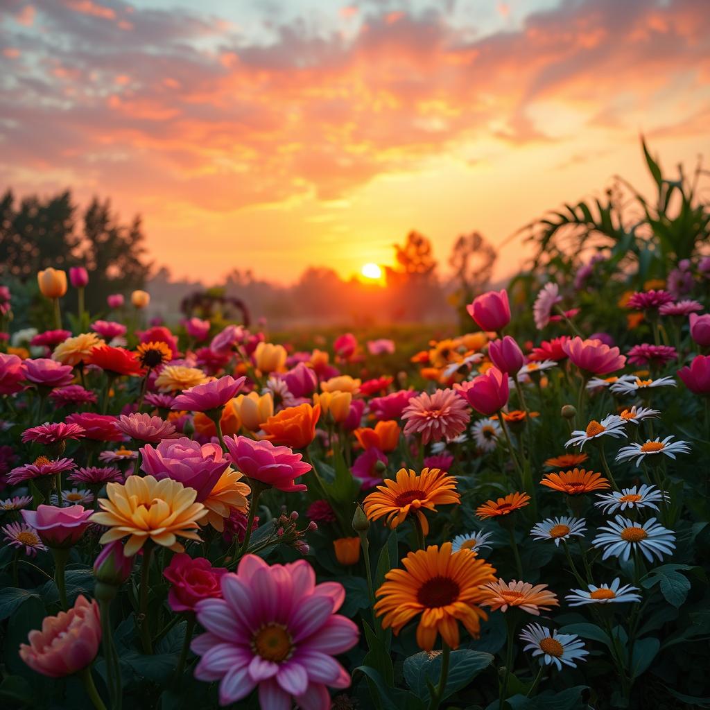 A captivating scene titled "Blooming Beauty at Sunrise," showcasing a vibrant flower garden at dawn