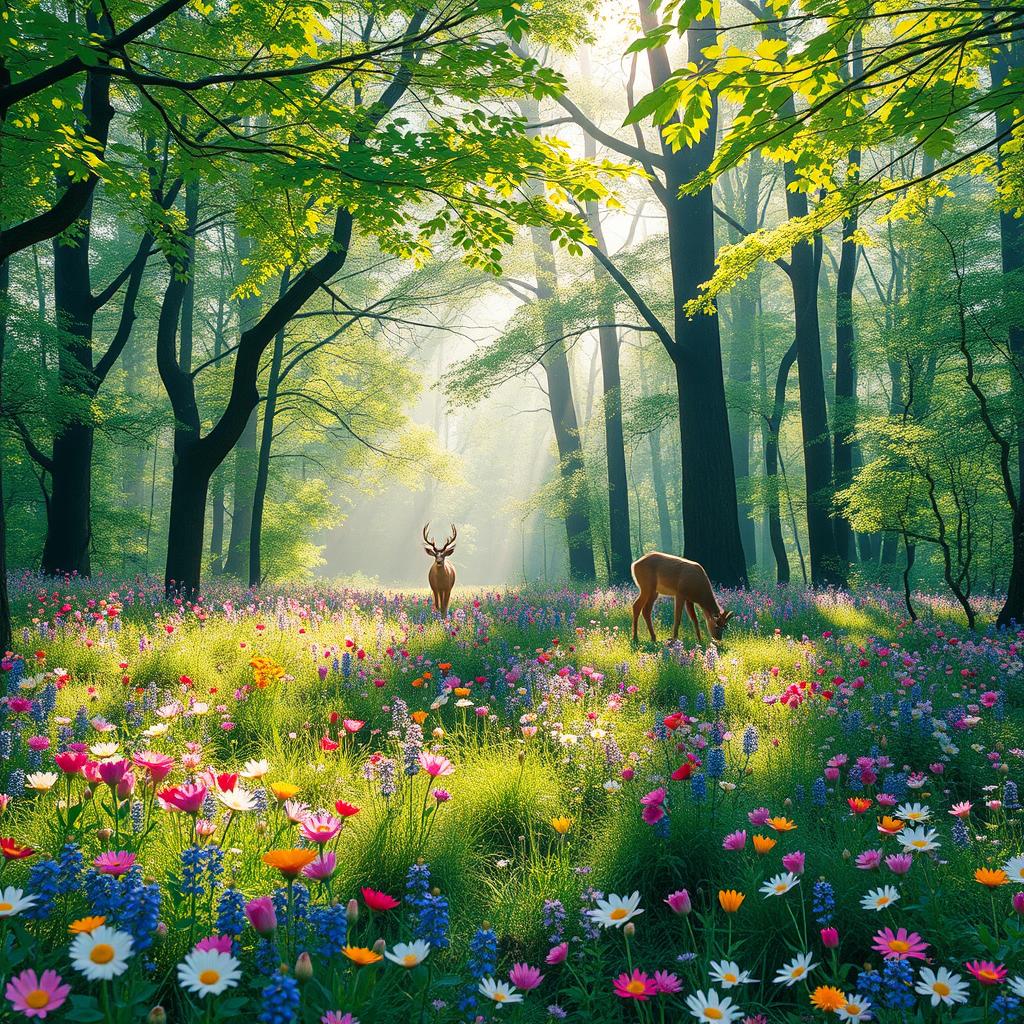 A tranquil spring forest glade featuring a vibrant array of colorful wildflowers