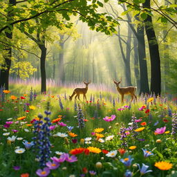 A tranquil spring forest glade featuring a vibrant array of colorful wildflowers