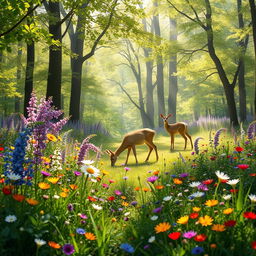 A tranquil spring forest glade featuring a vibrant array of colorful wildflowers