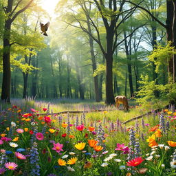 A tranquil spring forest glade featuring a vibrant array of colorful wildflowers