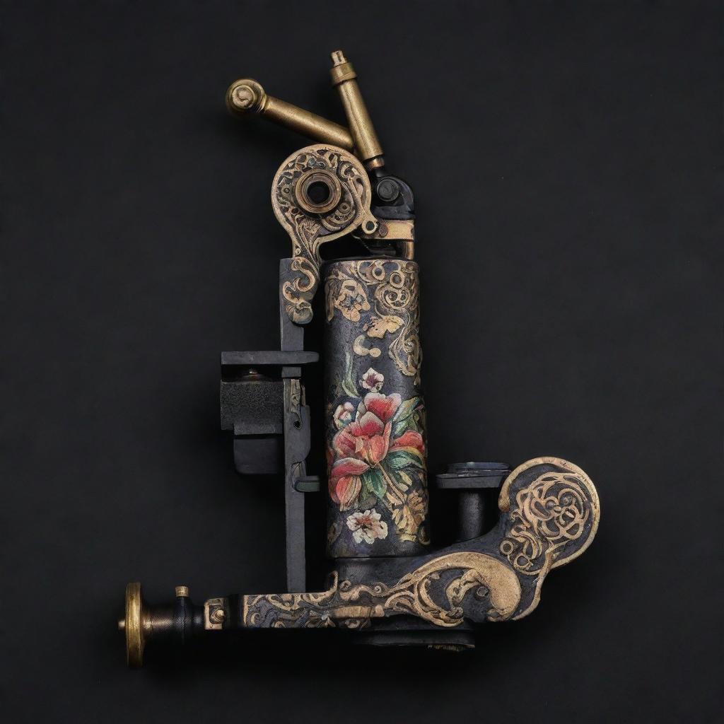 A detailed tattoo machine embellished with Persian artwork on a solid black background for striking contrast.