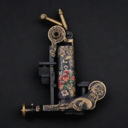 A detailed tattoo machine embellished with Persian artwork on a solid black background for striking contrast.