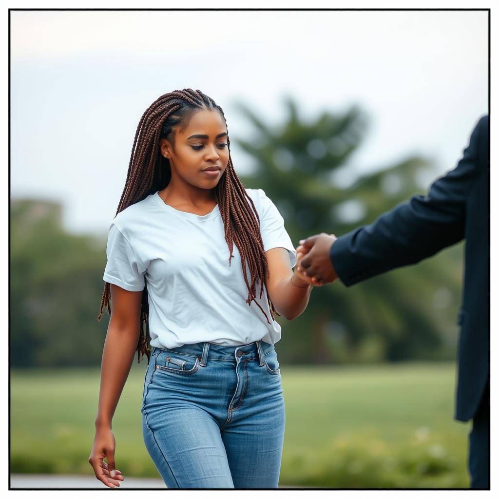 A light-skinned woman with beautiful box braids, dressed in a classic white T-shirt and blue jeans, paired with stylish black high heels