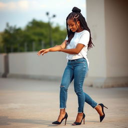 A light-skinned woman with beautiful box braids, dressed in a classic white T-shirt and blue jeans, paired with stylish black high heels