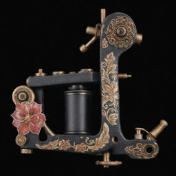 A detailed tattoo machine embellished with Persian artwork on a solid black background for striking contrast.