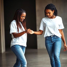 A light-skinned woman with beautiful box braids, dressed in a classic white T-shirt and blue jeans, paired with stylish black high heels