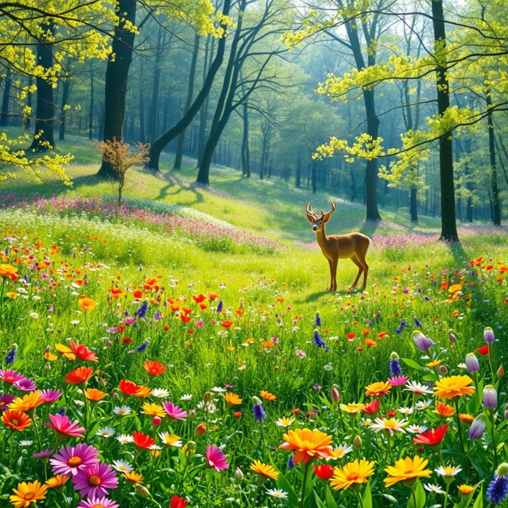 A tranquil spring forest glade adorned with a vibrant array of colorful wildflowers, each petal brimming with life