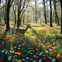 A tranquil spring forest glade adorned with a vibrant array of colorful wildflowers, each petal brimming with life