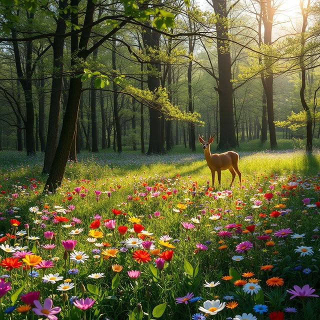 A tranquil spring forest glade adorned with a vibrant array of colorful wildflowers, each petal brimming with life