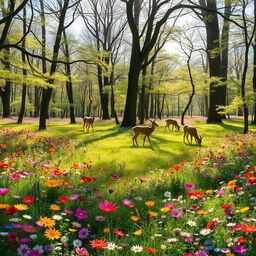 A tranquil spring forest glade adorned with a vibrant array of colorful wildflowers, each petal brimming with life