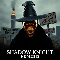 A parody of "The Dark Knight" poster featuring a man in a black wide-brimmed puritan witch hat and black coat