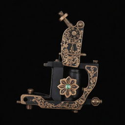 A detailed tattoo machine embellished with Persian artwork on a solid black background for striking contrast.