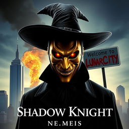 A parody of "The Dark Knight" poster featuring a man in a black wide-brimmed puritan witch hat and black coat