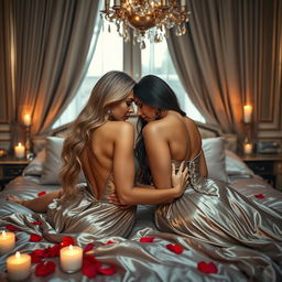 In an opulent Parisian suite, aglow with the soft, enchanting light of flickering candles, two glamorous, busty, tanned 33-year-old women are captured in an intimate embrace