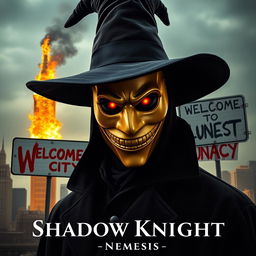 A parody of "The Dark Knight" poster featuring a man in a black wide-brimmed puritan witch hat and black coat