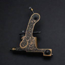 A detailed tattoo machine embellished with Persian artwork on a solid black background for striking contrast.