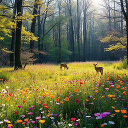 A tranquil spring forest glade filled with a vibrant display of colorful wildflowers, creating a lively tapestry across the landscape