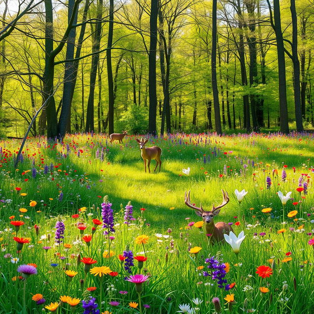 A tranquil spring forest glade filled with a vibrant display of colorful wildflowers, creating a lively tapestry across the landscape