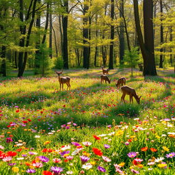 A tranquil spring forest glade filled with a vibrant display of colorful wildflowers, creating a lively tapestry across the landscape