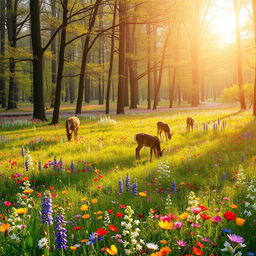 A tranquil spring forest glade filled with a vibrant display of colorful wildflowers, creating a lively tapestry across the landscape