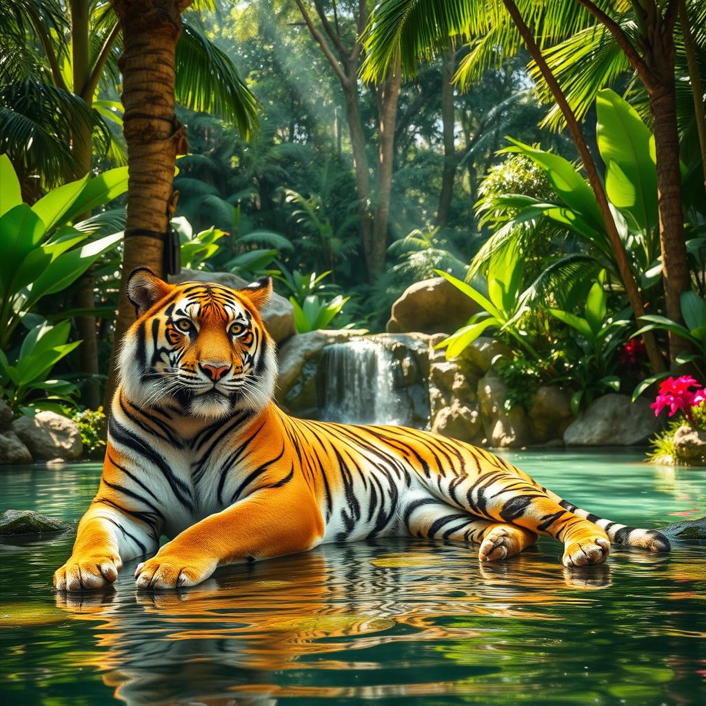 A majestic tiger lounging gracefully in a serene jungle oasis