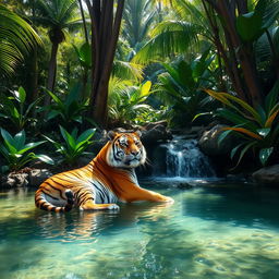 A majestic tiger lounging gracefully in a serene jungle oasis