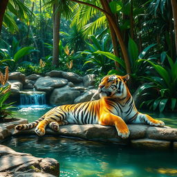 A majestic tiger lounging gracefully in a serene jungle oasis