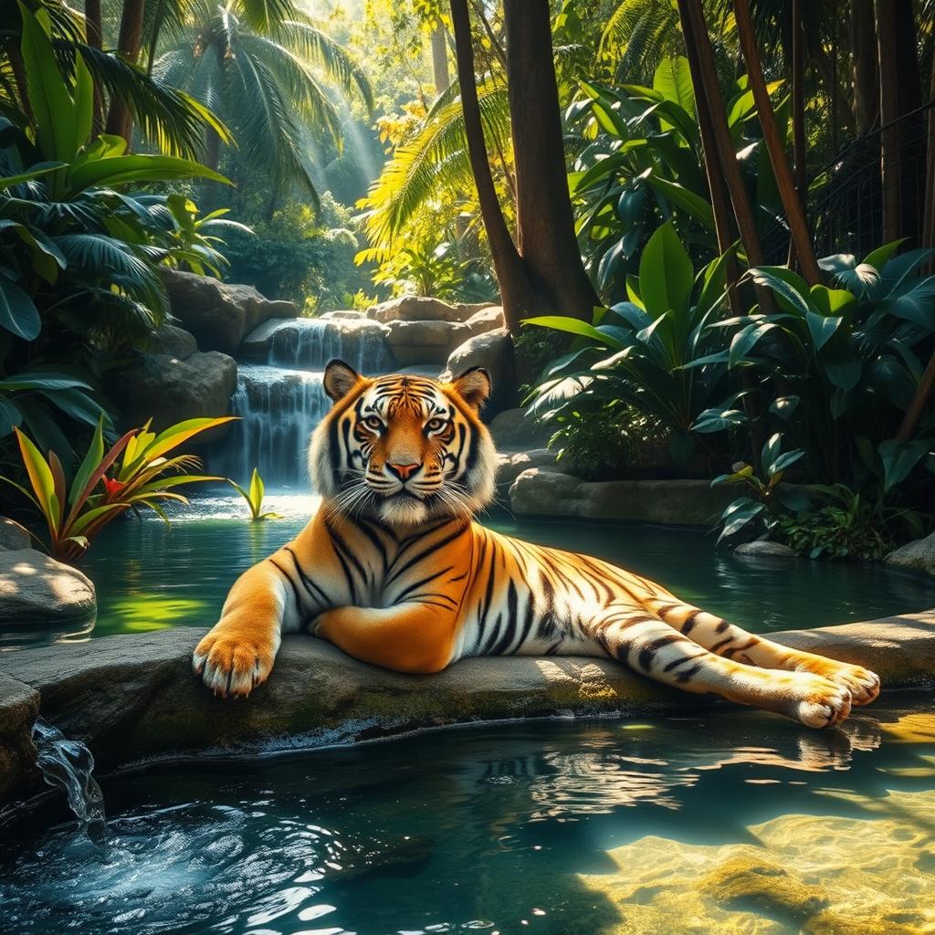 A majestic tiger lounging gracefully in a serene jungle oasis