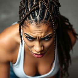 A light-skinned woman with striking box braids, wearing a classic white wife beater and blue jeans, complemented by elegant black high heels