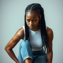 A light-skinned woman with striking box braids, wearing a classic white wife beater and blue jeans, complemented by elegant black high heels