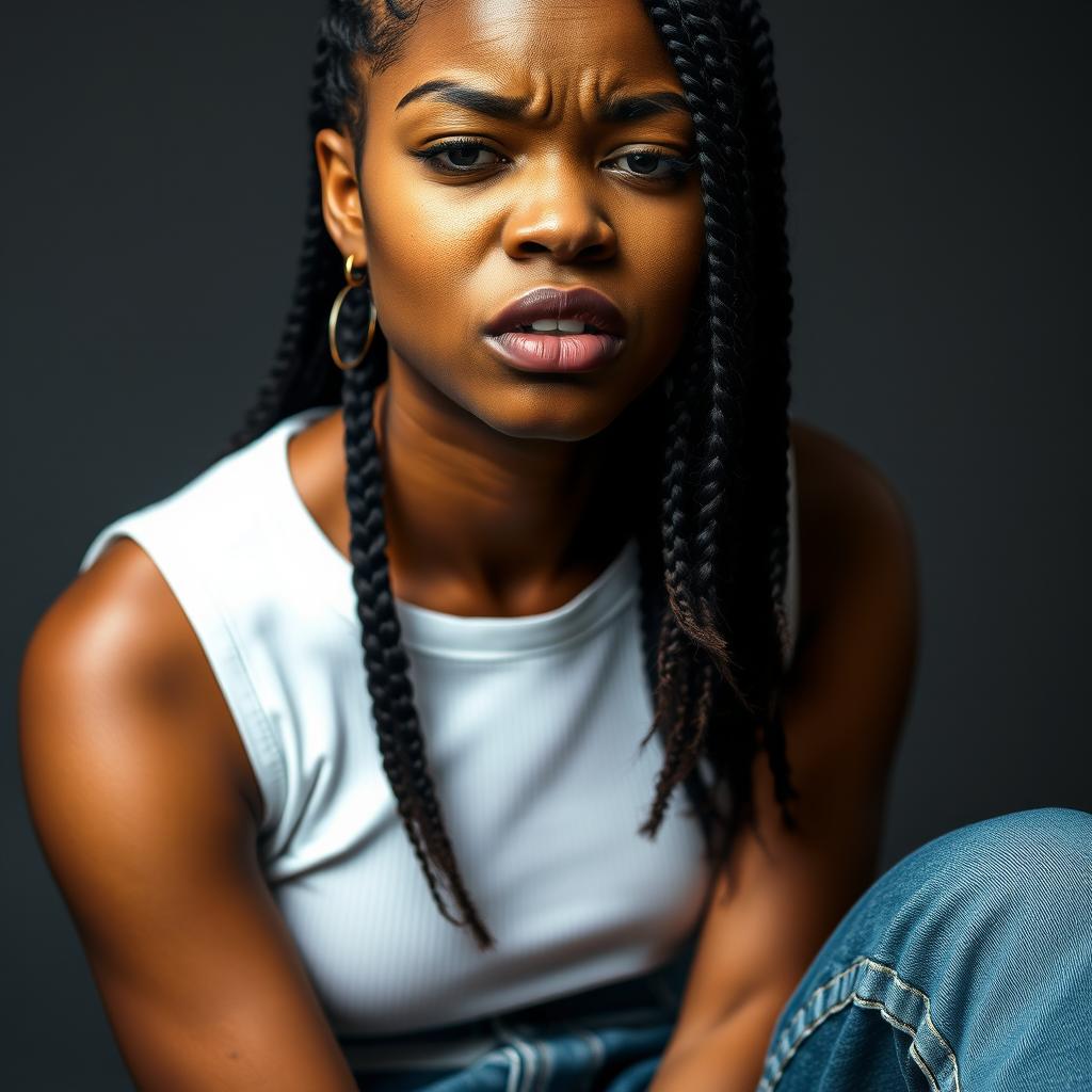 A light-skinned woman with striking box braids, wearing a classic white wife beater and blue jeans, complemented by elegant black high heels