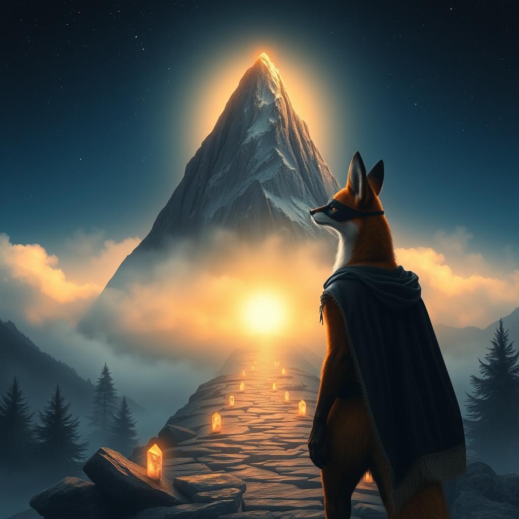 An inspiring and mystical scene depicting an anthropomorphic fox, like Zorro, standing at the base of a majestic mountain