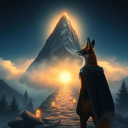 An inspiring and mystical scene depicting an anthropomorphic fox, like Zorro, standing at the base of a majestic mountain