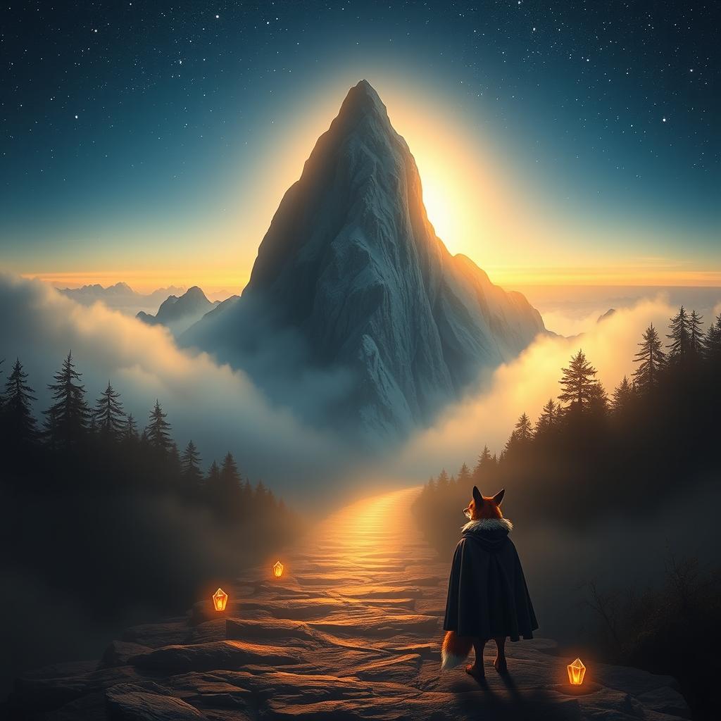 An inspiring and mystical scene depicting an anthropomorphic fox, like Zorro, standing at the base of a majestic mountain