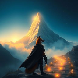 An inspiring and mystical scene depicting an anthropomorphic fox, like Zorro, standing at the base of a majestic mountain