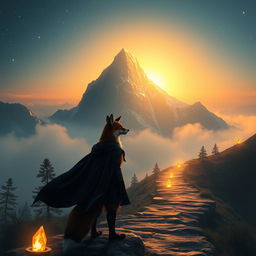 An inspiring and mystical scene depicting an anthropomorphic fox, like Zorro, standing at the base of a majestic mountain