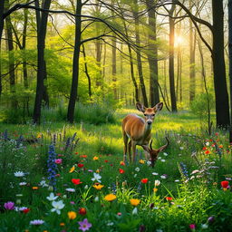 A tranquil spring forest glade showcasing a stunning display of colorful wildflowers, bringing a vibrant touch to the lush greenery