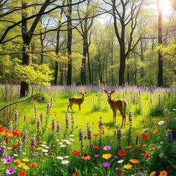 A tranquil spring forest glade showcasing a stunning display of colorful wildflowers, bringing a vibrant touch to the lush greenery