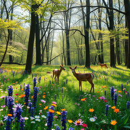 A tranquil spring forest glade showcasing a stunning display of colorful wildflowers, bringing a vibrant touch to the lush greenery