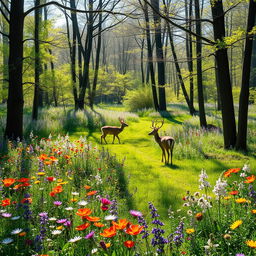 A tranquil spring forest glade showcasing a stunning display of colorful wildflowers, bringing a vibrant touch to the lush greenery