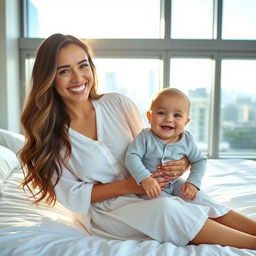 A smiling woman with long, wavy hair sits on a white bed, wearing a loose, white button-up dress, holding a cheerful baby in a light gray onesie