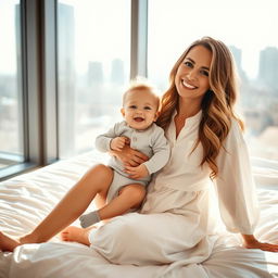 A smiling woman with long, wavy hair sits on a white bed, wearing a loose, white button-up dress, holding a cheerful baby in a light gray onesie