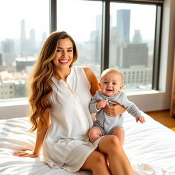 A smiling woman with long, wavy hair sits on a white bed, wearing a loose, white button-up dress, holding a cheerful baby in a light gray onesie