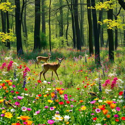 A tranquil spring forest glade abundant with colorful wildflowers, creating a vibrant and lively scene