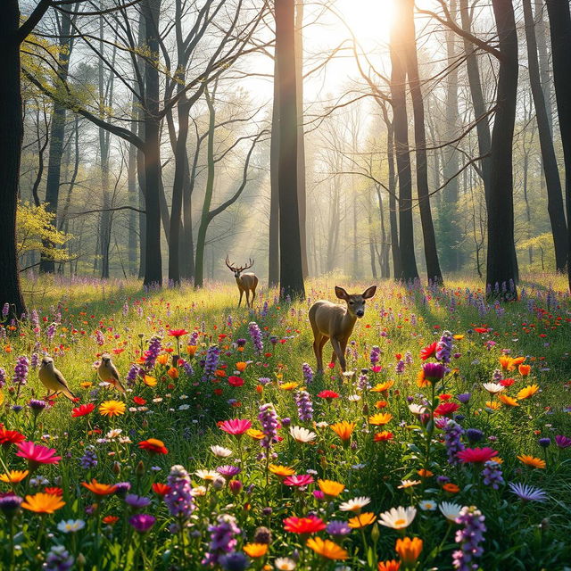 A tranquil spring forest glade abundant with colorful wildflowers, creating a vibrant and lively scene